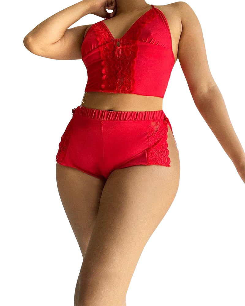 Women's Sexy Lace Pajama Set, V Neck Backless Crop Top and Side Slit Mini Shorts