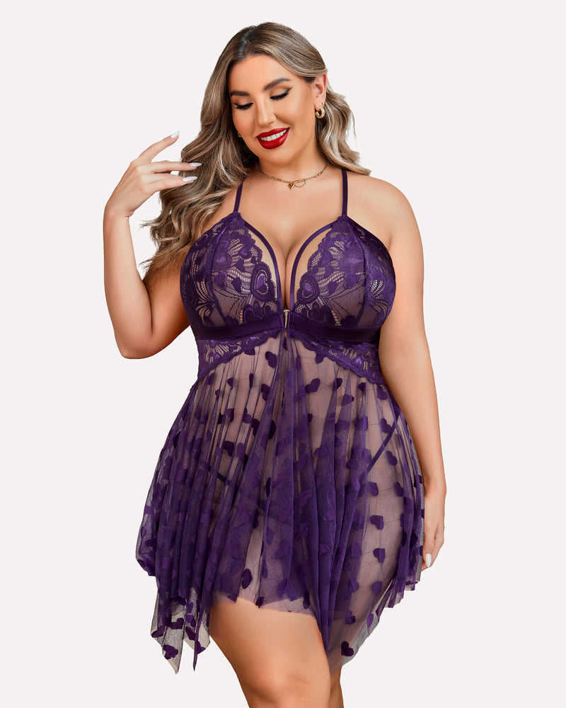 Plus Size Lace Front Slit Nightdress - Yeahcir