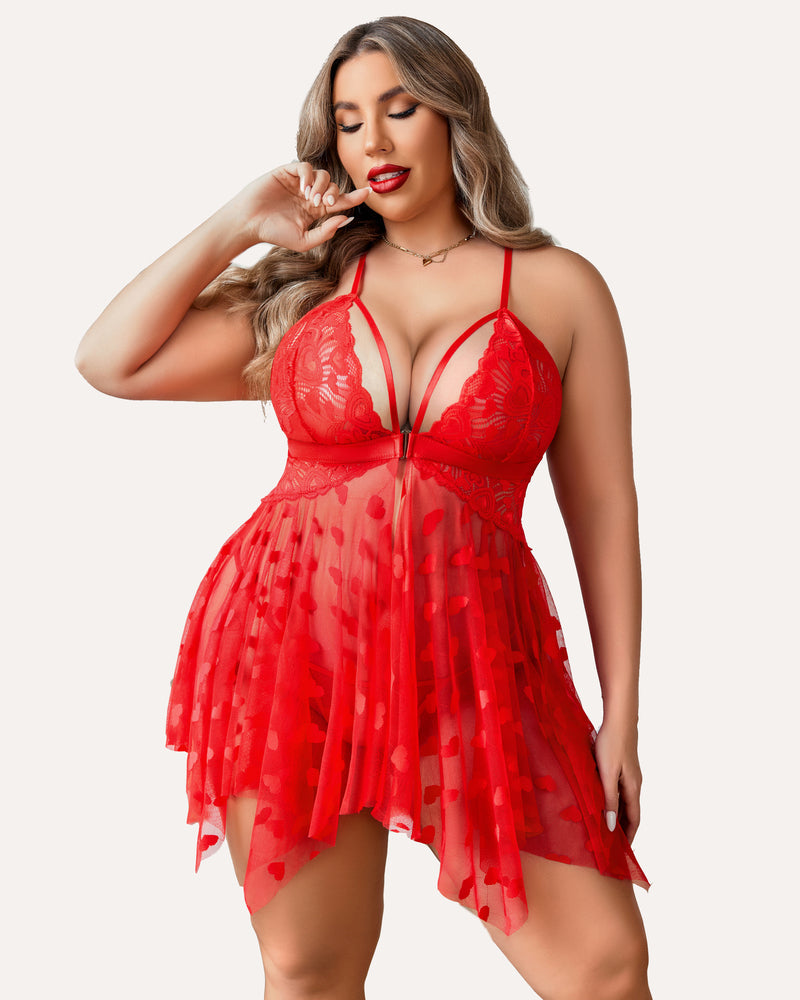 Plus Size Lace Front Slit Nightdress - Yeahcir