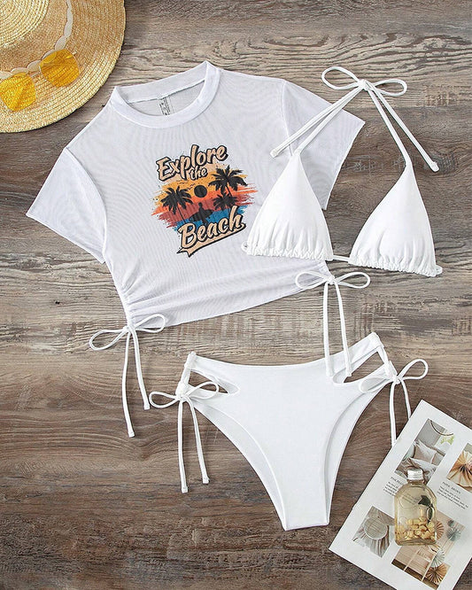 Mesh swimsuit three-piece bikini set with T-shirt