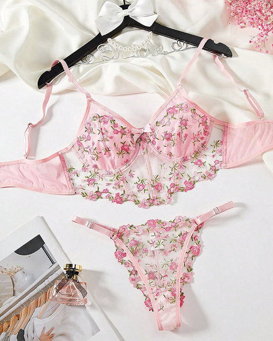 Floral Embroidered 2 Piece Corset Lingeries Women Boudoir