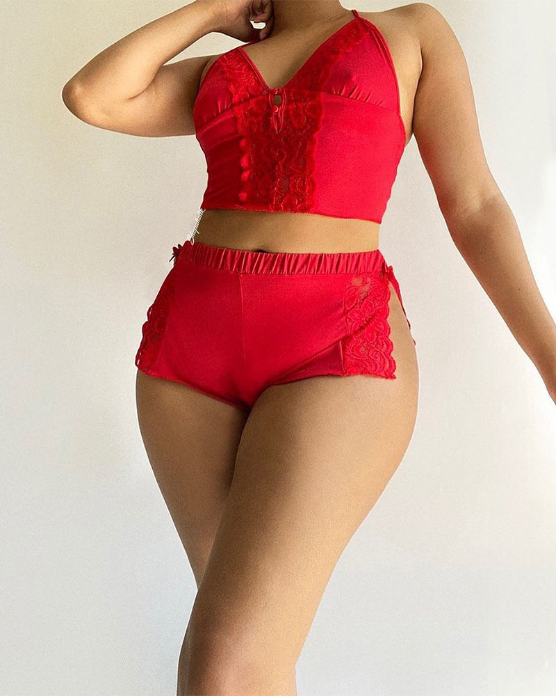 Women's Sexy Lace Pajama Set, V Neck Backless Crop Top and Side Slit Mini Shorts