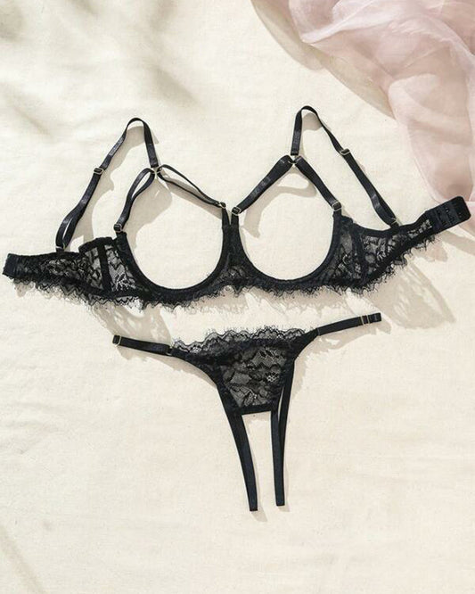 Underwire Floral Lace Sheer Lingerie Set for Women 2 Piece