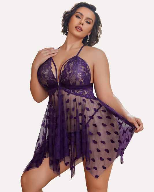 Plus Size Lace Front Slit Nightdress - Yeahcir